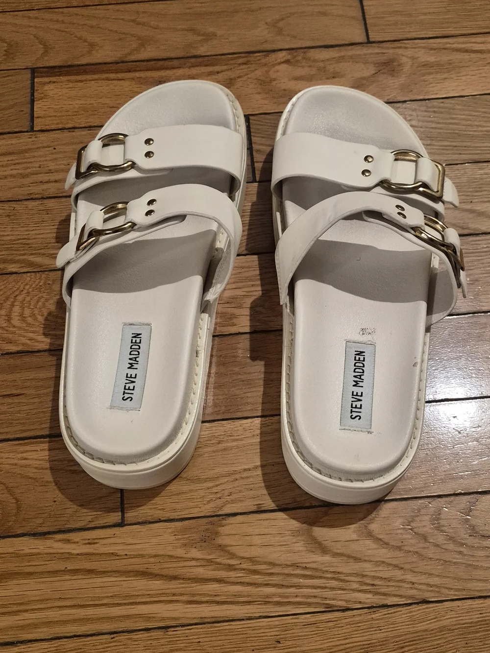 Steve Madden White Double Buckle Slide Sandals